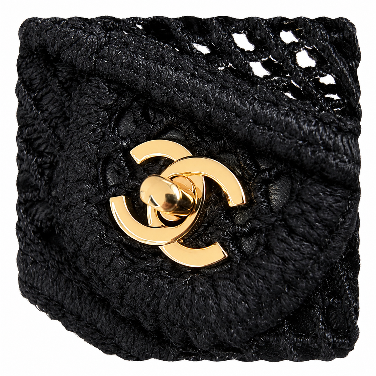 CHANEL Black Open Mesh Crochet Flap Bag Gold Chain Made in Italy
