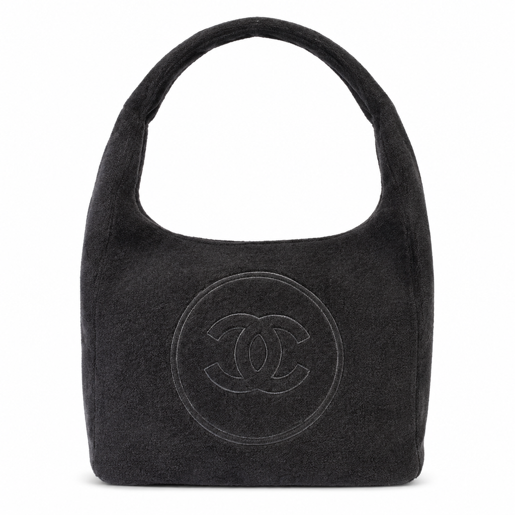 Chanel Black Terry Cloth Hobo Bag | Tonal CC Embroidery & No Hardware