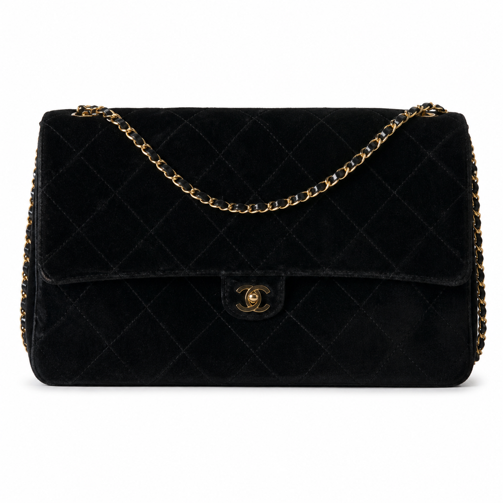 Chanel Black Suede Quilted Jumbo Classic Flap Shoulder Bag | Gold CC Turn-Lock | Gold Chain | 39cm