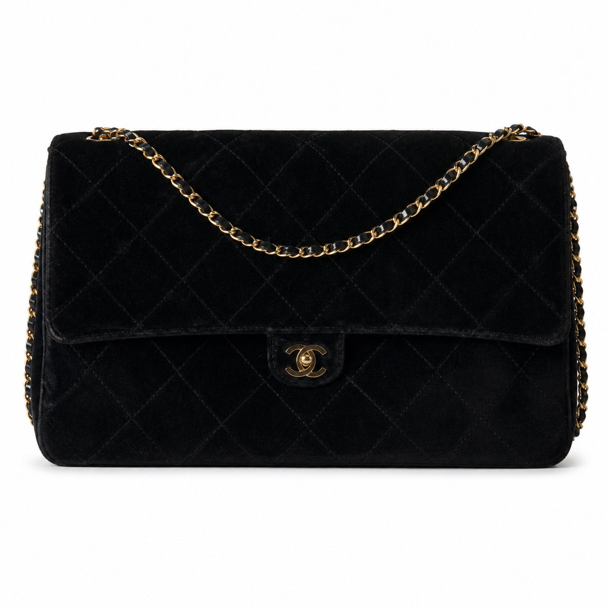 Chanel Black Suede Quilted Jumbo Classic Flap Shoulder Bag | Gold CC Turn-Lock | Gold Chain | 39cm
