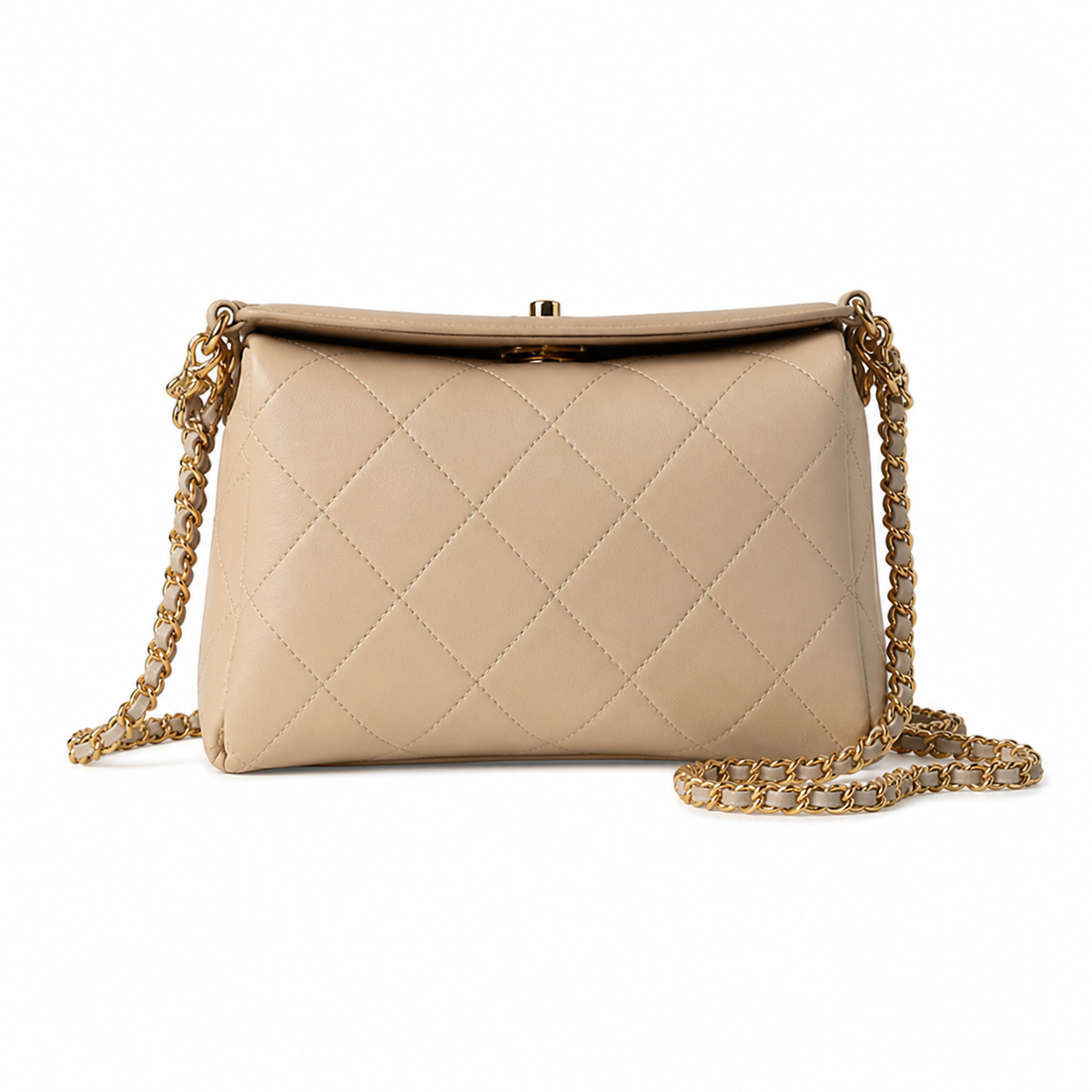 Chanel Mini Box Bag | Beige & Plum Bicolor Quilted Leather CC Logo Gold Chain | Made in Italy | 23cm