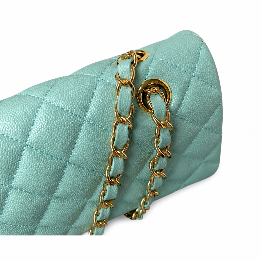Chanel Classic Double Flap Bag Medium Mint Green Quilted Leather Gold CC Turn-Lock Chain 25.5cm