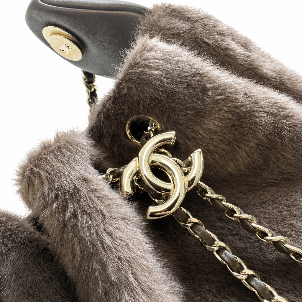 Chanel Brown Faux Fur Drawstring Bucket Bag Gold CC Logo Chain