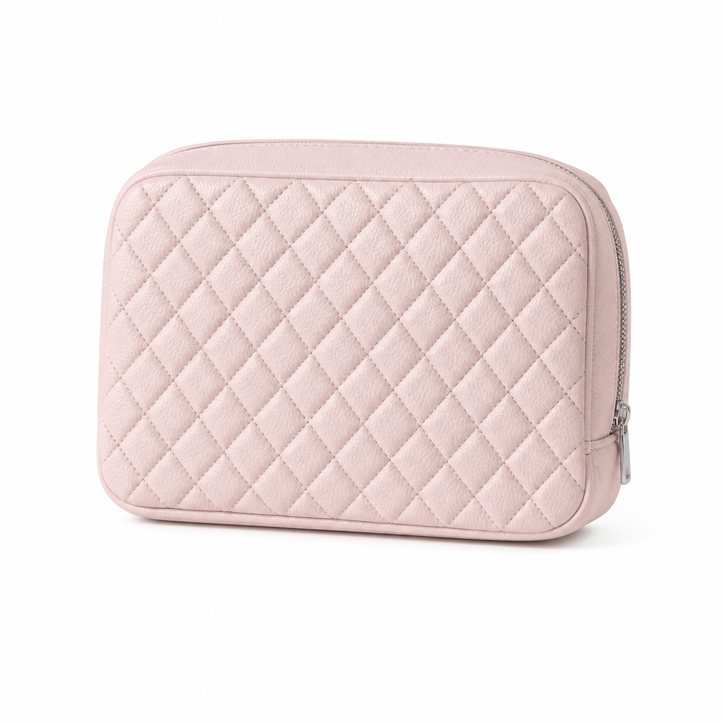 Chanel Light Pink Caviar Quilted Zip-Around Square Vanity Case Silver Zipper Silver Hardware 21cm