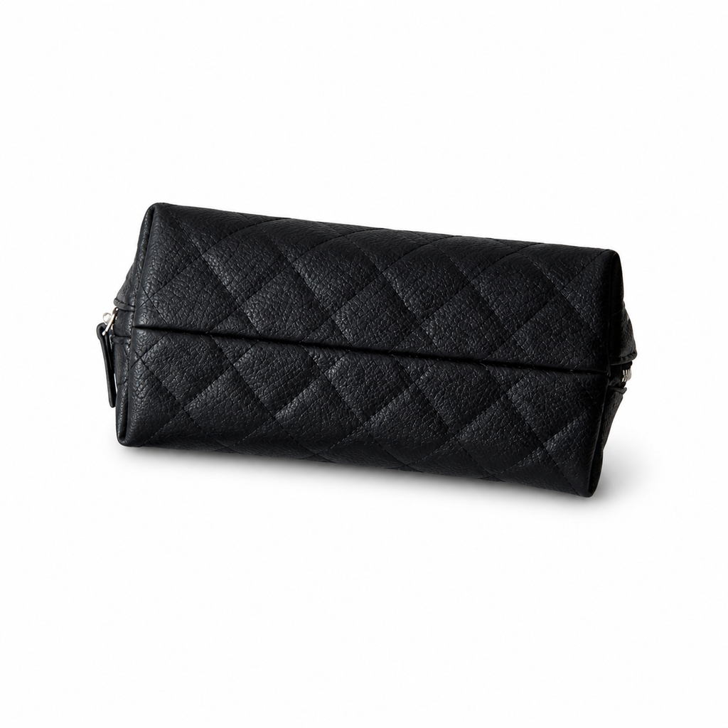 Chanel Black Quilted Caviar Rectangular Toiletry Pouch Gold CC Logo Gold Zipper Burgundy Lining Made in Italy 19cm
