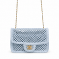 CHANEL Ice Blue Woven Mesh Flap Bag Pearl Trim Gold Chain