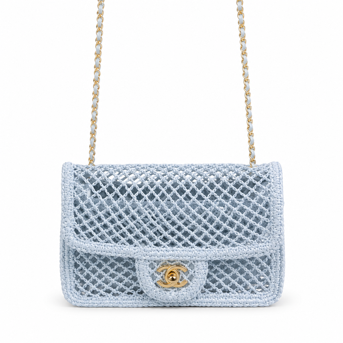 CHANEL Ice Blue Woven Mesh Flap Bag Pearl Trim Gold Chain