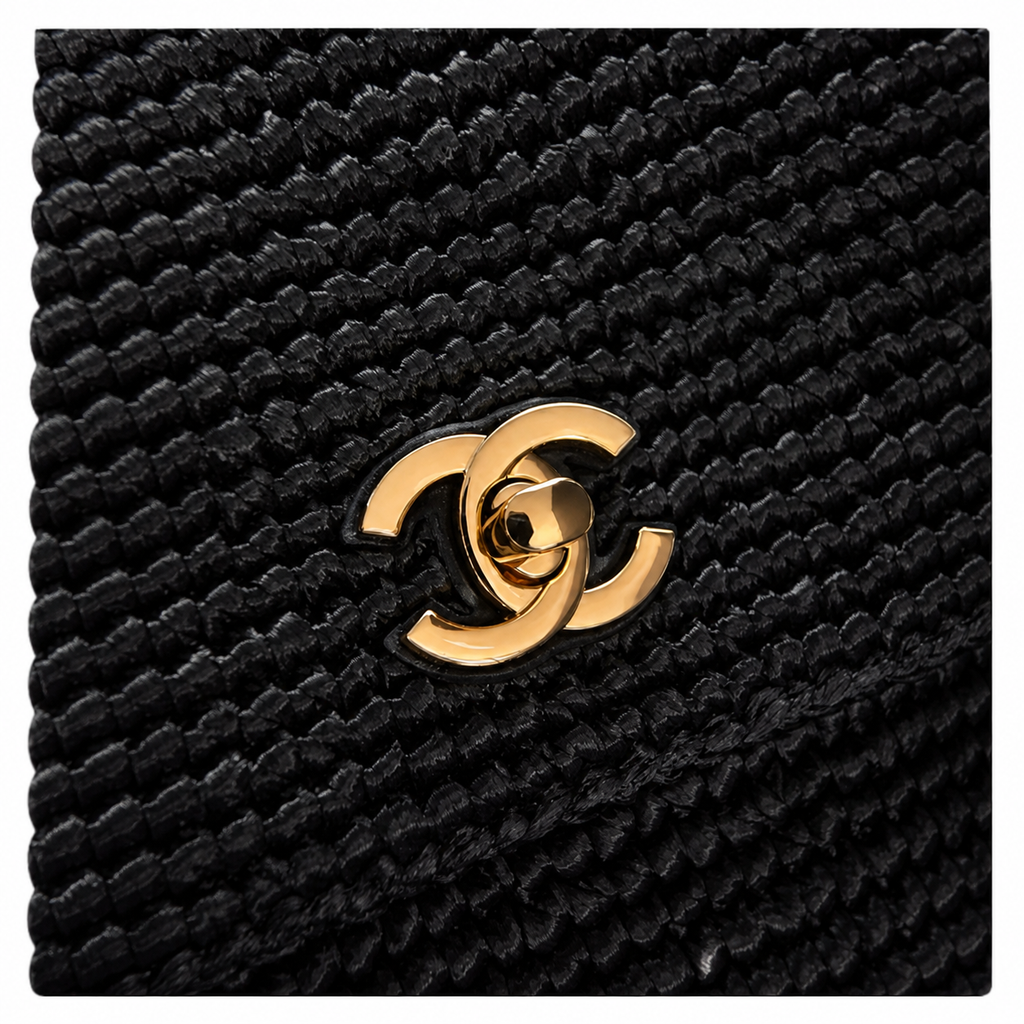 Chanel Black Raffia Woven Classic Flap Shoulder Bag | Gold CC Turn-Lock | Chain Strap | 16×25.5×7cm