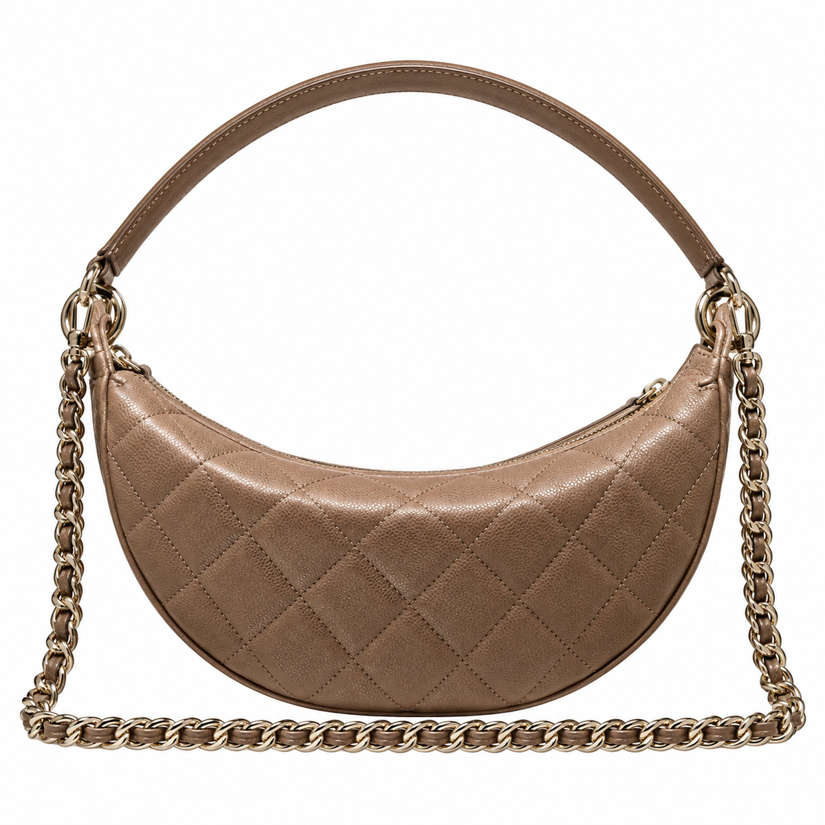 Chanel Crescent Hobo Quilted Metallic Caviar Taupe Gold Dual Chain 22cm