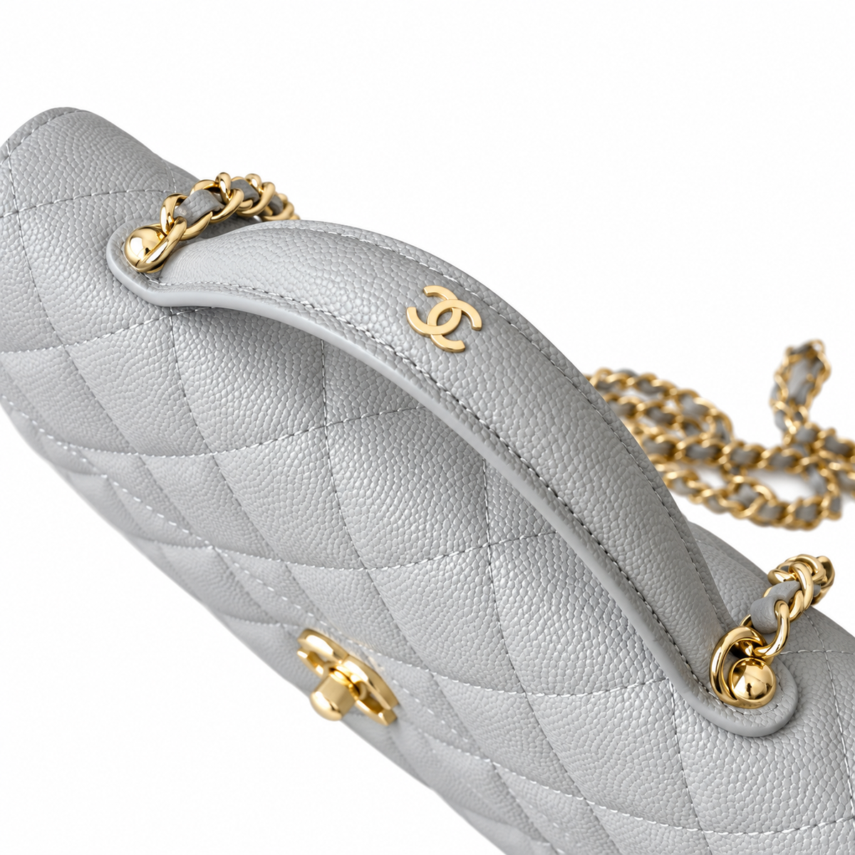 Chanel Mini Flap Bag with Top Handle Iridescent Light Blue Caviar Gold Hardware 18.5cm