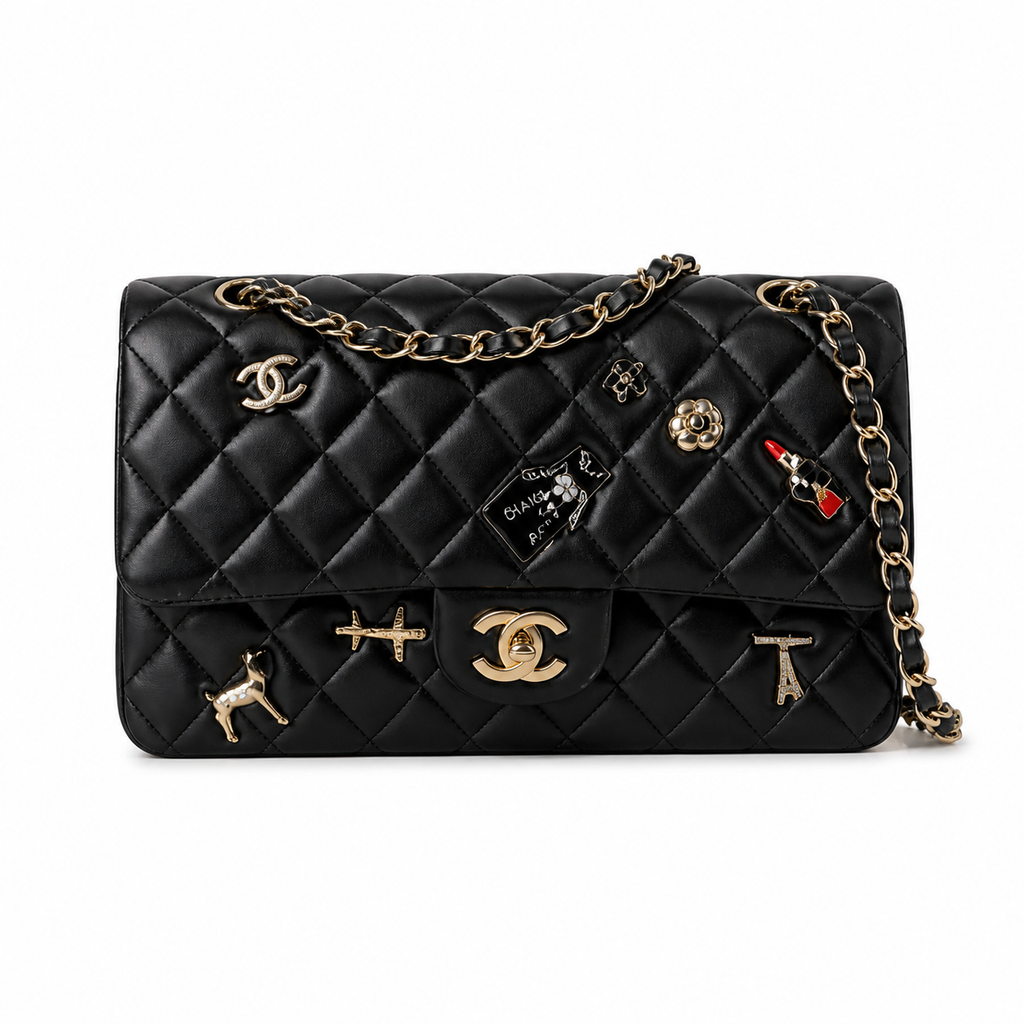 Chanel Black Lambskin Classic Double Flap 25 Lucky Charms Limited Edition Gold Hardware Eiffel Tower Airplane Dog Camellia CC