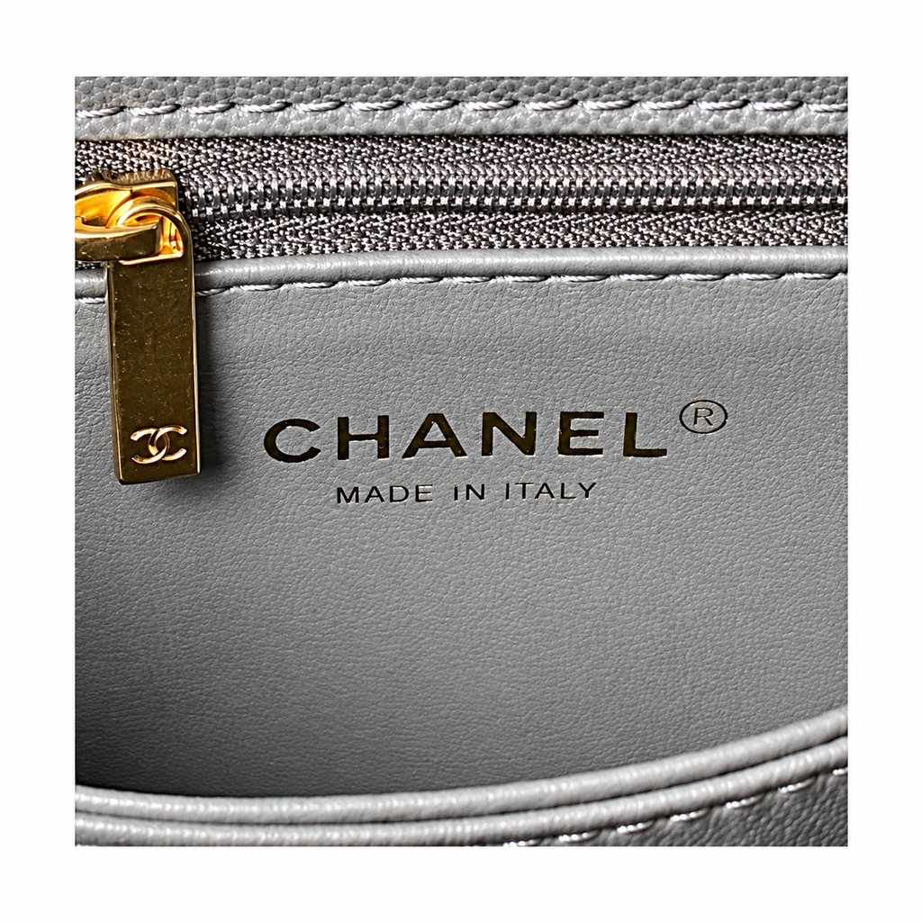Chanel Gray Caviar Quilted Coco Handle Bag Aged Gold Hardware Back Pocket Chain Strap Made in Italy 23cm