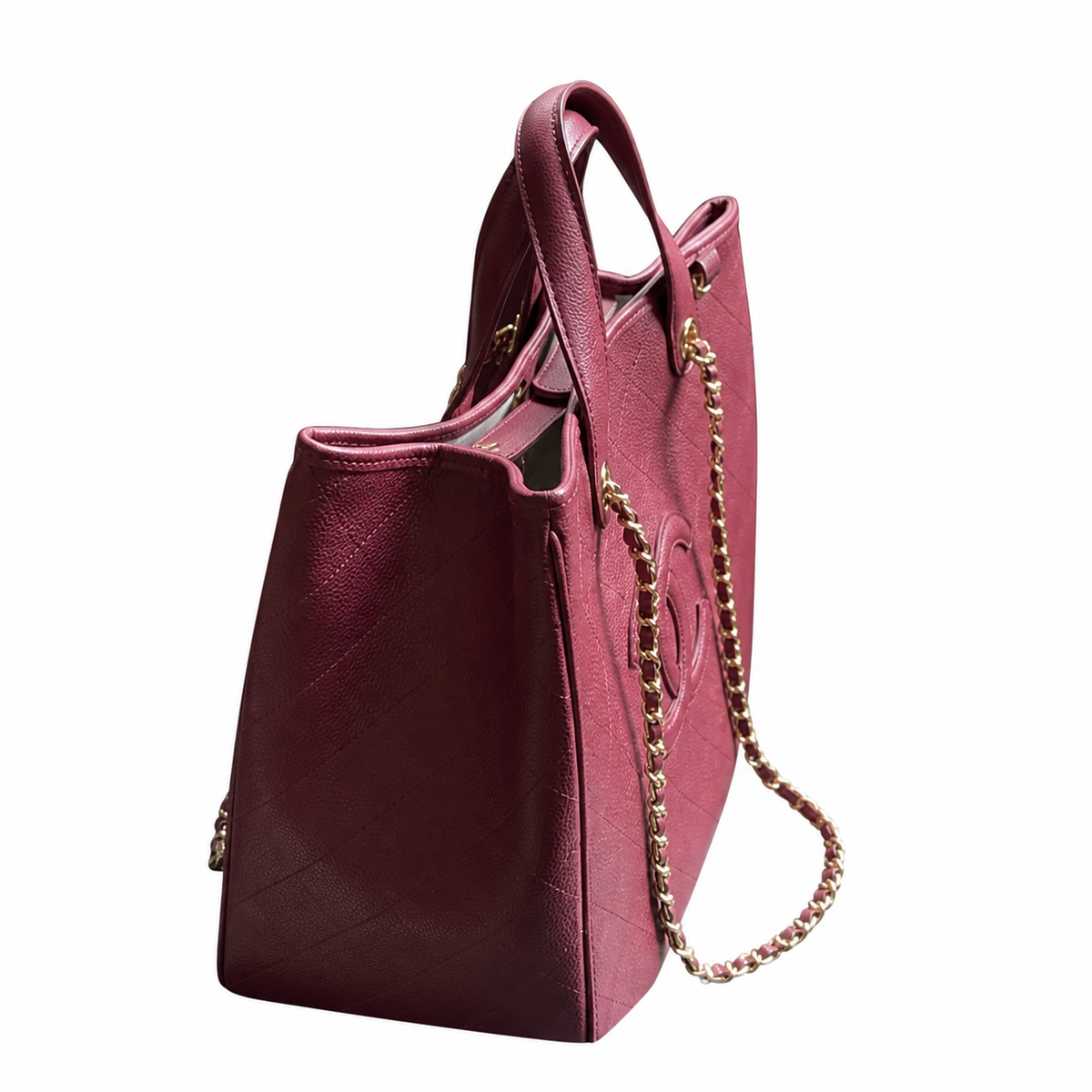 Chanel Large Shopping Tote Bag | Burgundy Calfskin Gold CC Logo & Chain Strap