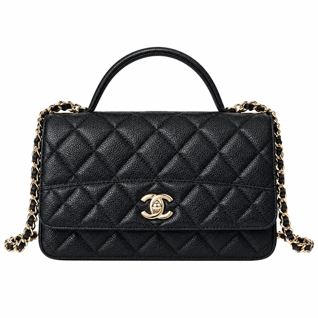Chanel Mini Flap Bag with Top Handle Black Caviar Leather Gold CC Hardware 18.5cm