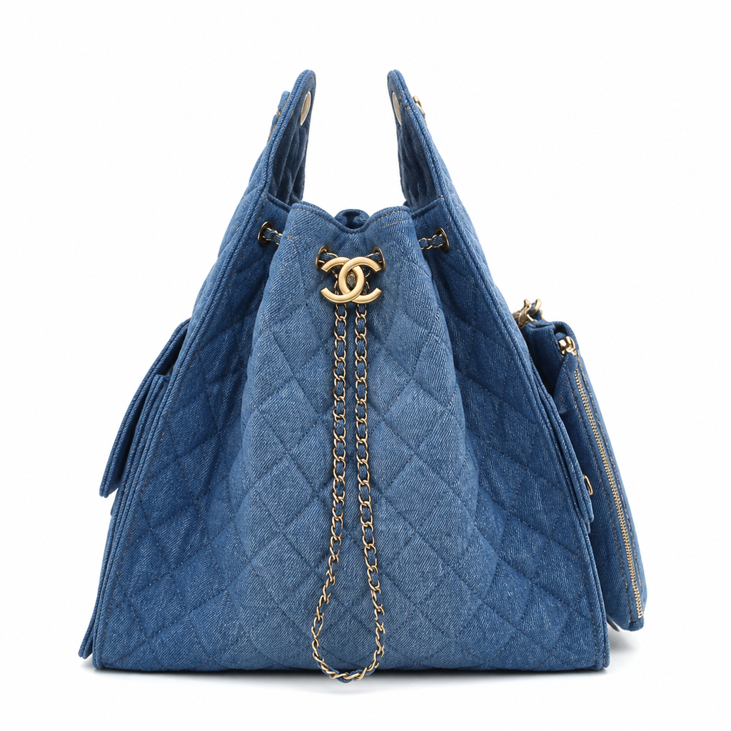 Chanel Blue Quilted Denim Large Flap Bag with Gold CC Logo