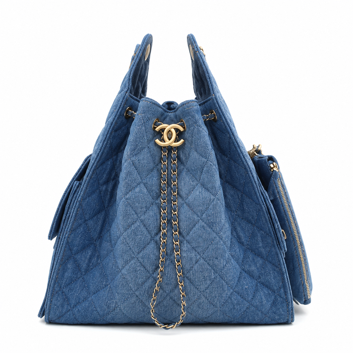 Chanel Blue Quilted Denim Large Flap Bag with Gold CC Logo