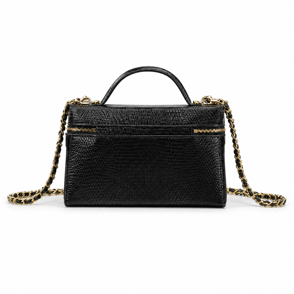 CHANEL Black Lizard-Embossed Leather Vanity Case Dual Zip Top Handle Chain Bag