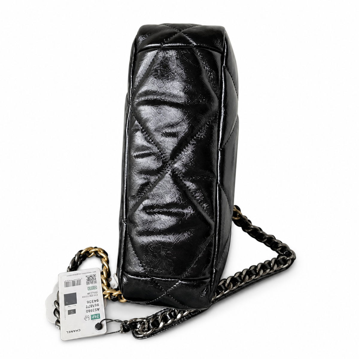Chanel 19 Large Flap Bag Black Shiny Goatskin Mixed Metal Chain Gold CC Turn-Lock 26cm