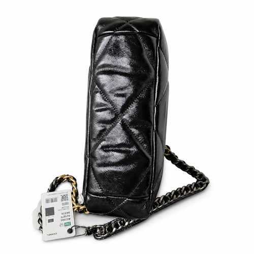 Chanel 19 Large Flap Bag Black Shiny Goatskin Mixed Metal Chain Gold CC Turn-Lock 26cm
