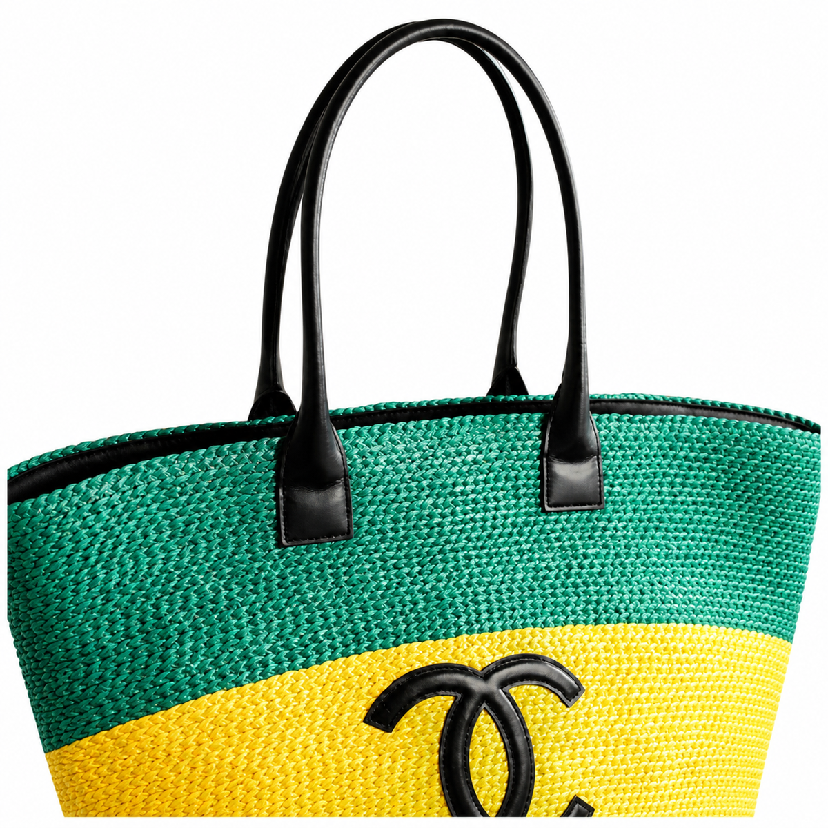 Chanel Beach Tote Bag | Tricolor Woven Raffia Green Yellow Navy CC Logo Black Leather Handles | 58cm