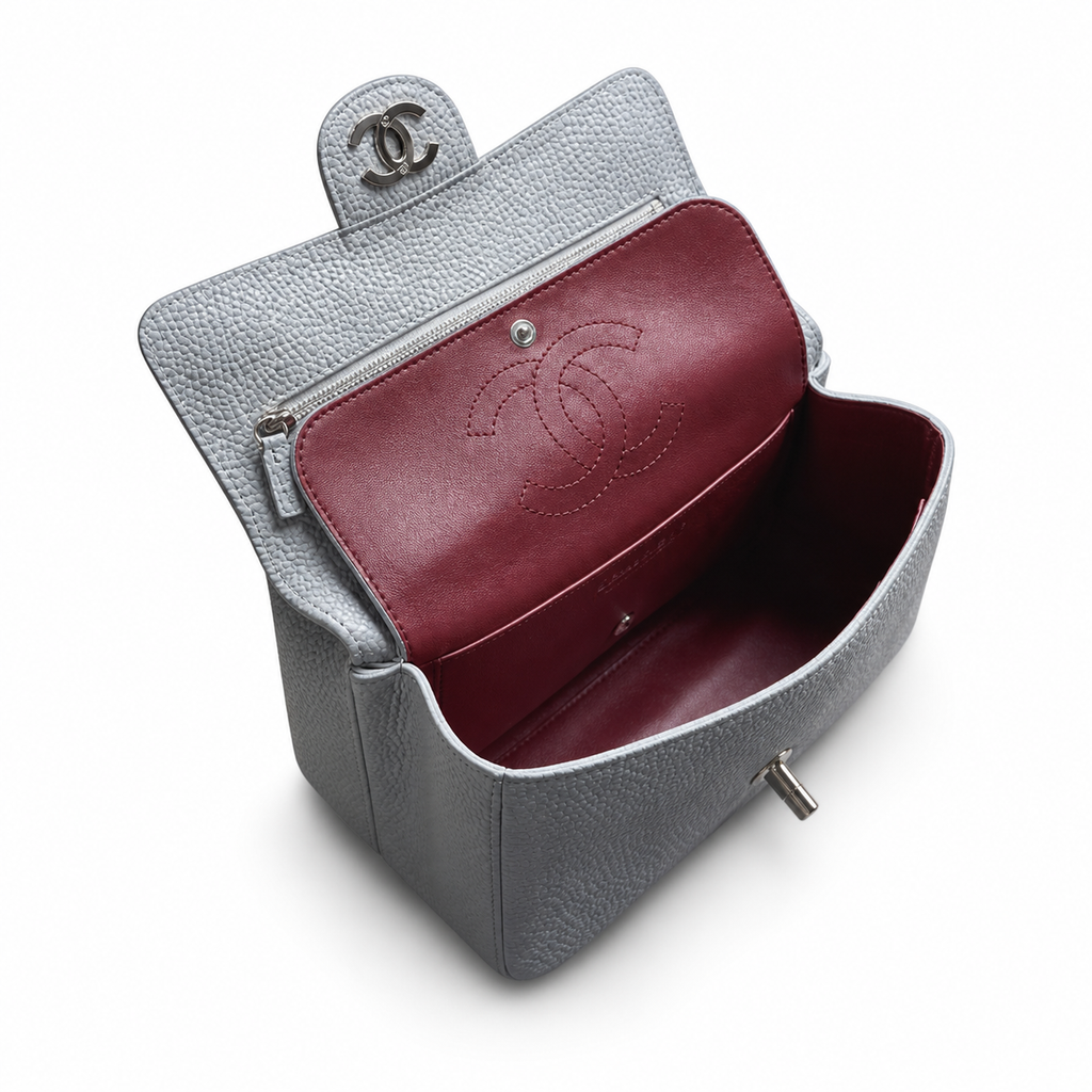 Chanel Light Blue Caviar Leather Mini Flap Bag Silver CC Burgundy Interior
