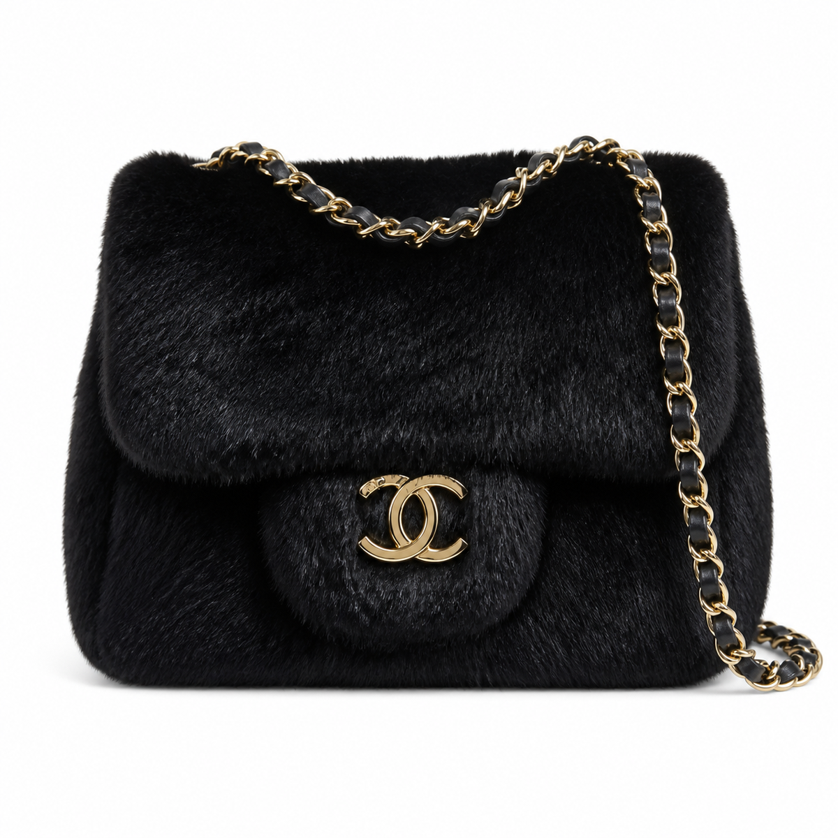 Chanel Black Faux Mink Fur Classic Flap Bag Gold CC Turn-Lock Chain