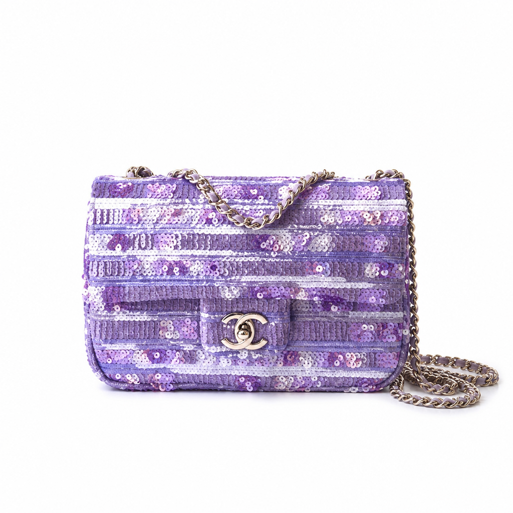 CHANEL Lavender Purple Sequin Embroidered Striped Classic Flap Bag Silver