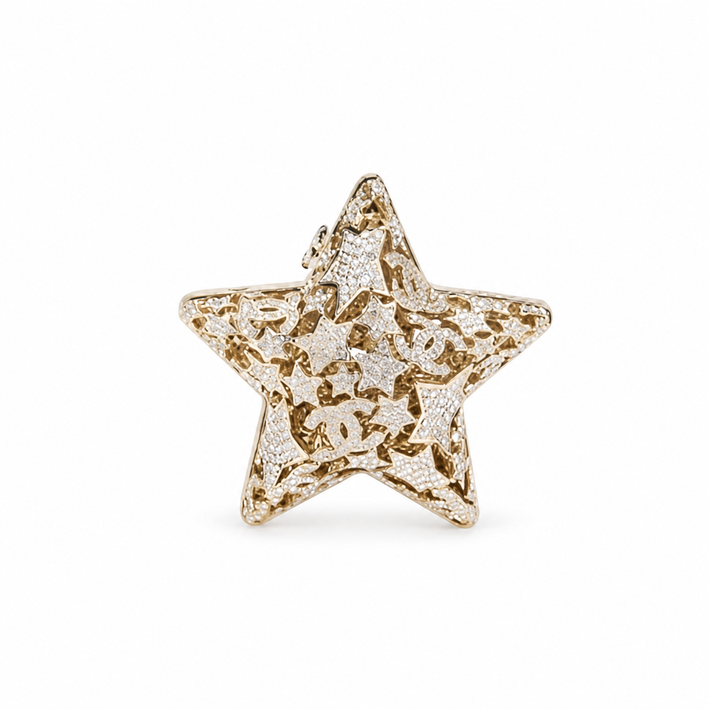 Chanel Gold Crystal Pavé Star Minaudière Evening Bag | CC Filigree | Gold Chain | 13cm