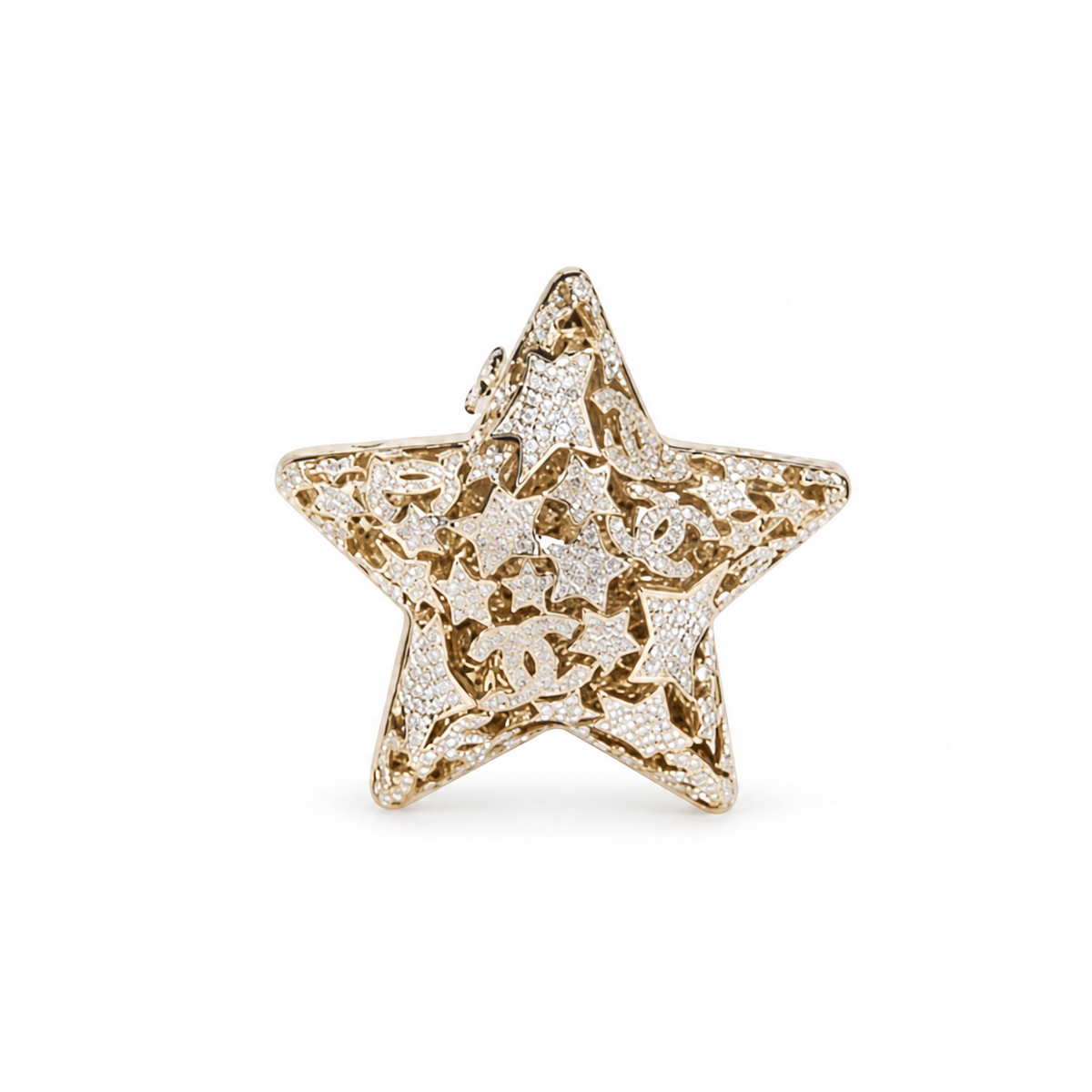 Chanel Gold Crystal Pavé Star Minaudière Evening Bag | CC Filigree | Gold Chain | 13cm