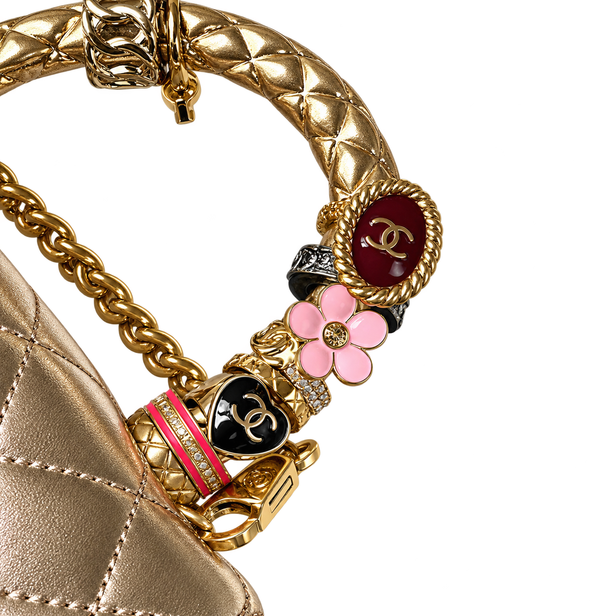 CHANEL Champagne Gold Quilted Leather Jewel Top Handle Flap Bag