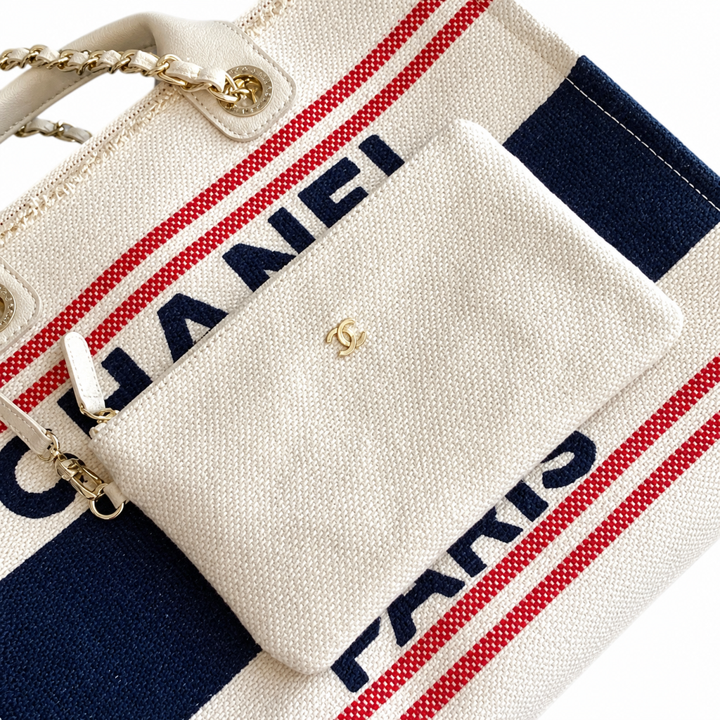 CHANEL Deauville Canvas Shopping Tote – Navy Blue Red Stripe Ivory CHANEL PARIS Gold Hardware 38cm