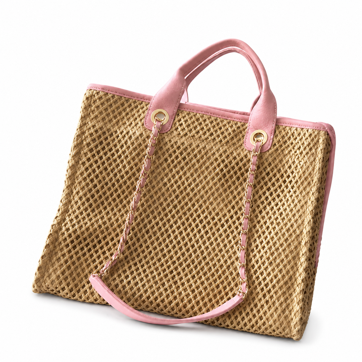 CHANEL Deauville Shopping Tote – Natural Raffia Pink Leather Trim Gold Hardware 38cm