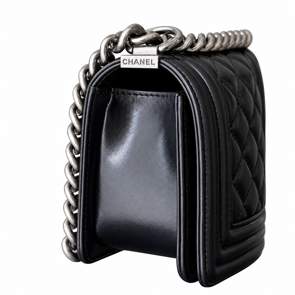 Chanel Boy Bag Small Black Quilted Calfskin Ruthenium Silver Hardware Chunky Chain Logo Plate 20cm