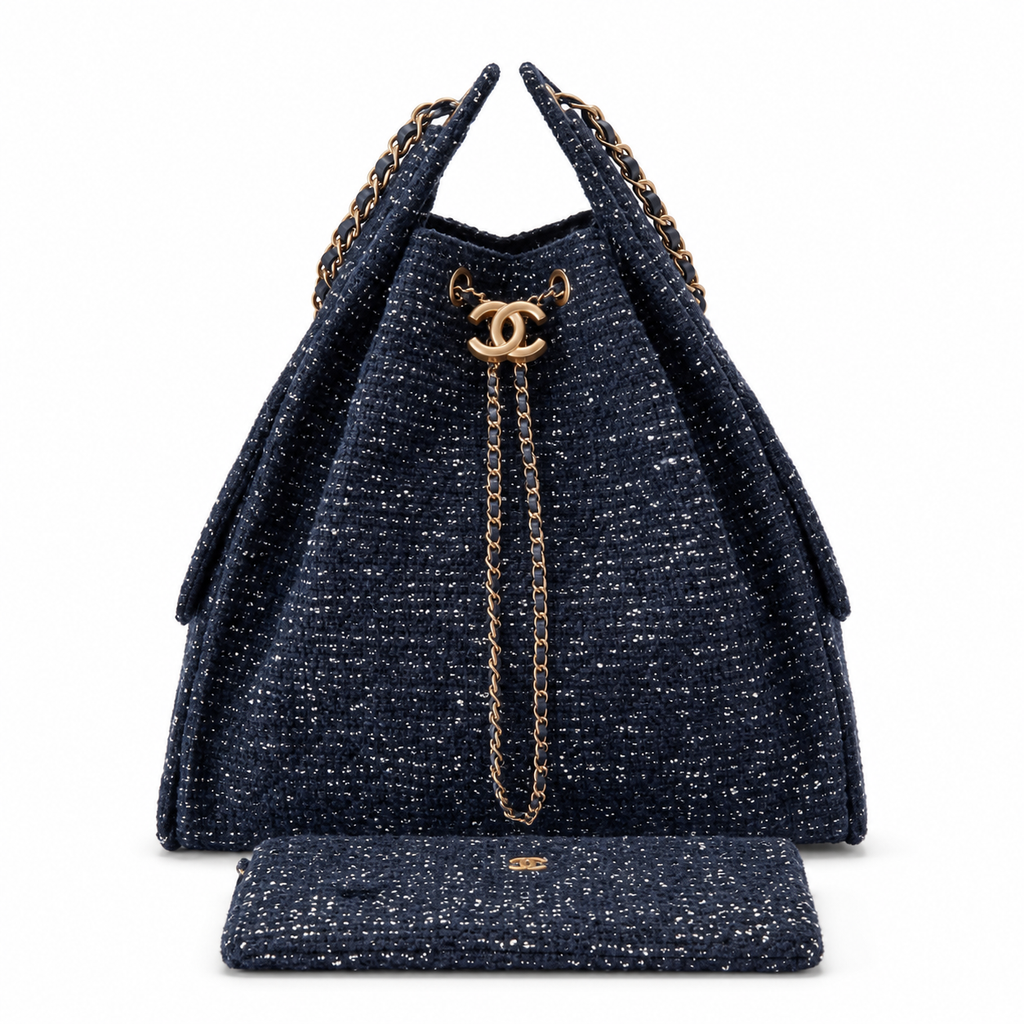Chanel Navy Sequin Tweed Drawstring Bucket Bag Gold Chain