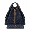 Chanel Navy Sequin Tweed Drawstring Bucket Bag Gold Chain