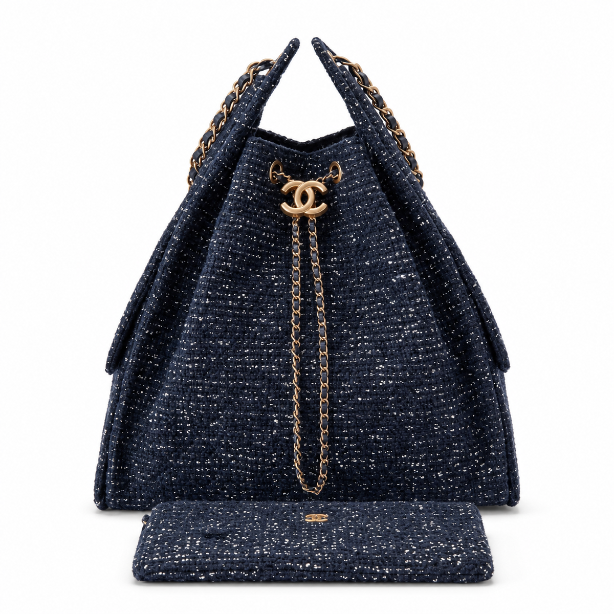 Chanel Navy Sequin Tweed Drawstring Bucket Bag Gold Chain