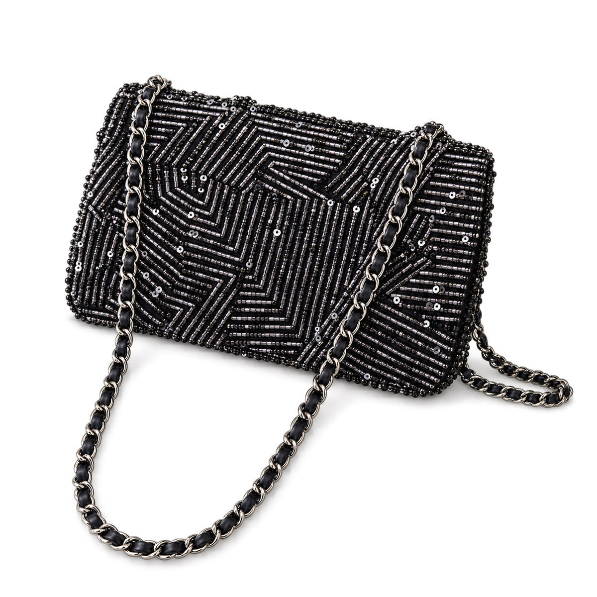 Chanel Small Flap Bag Black Micro-Bead & Sequin Hand-Embroidered Chevron | Ruthenium Chain — 20cm