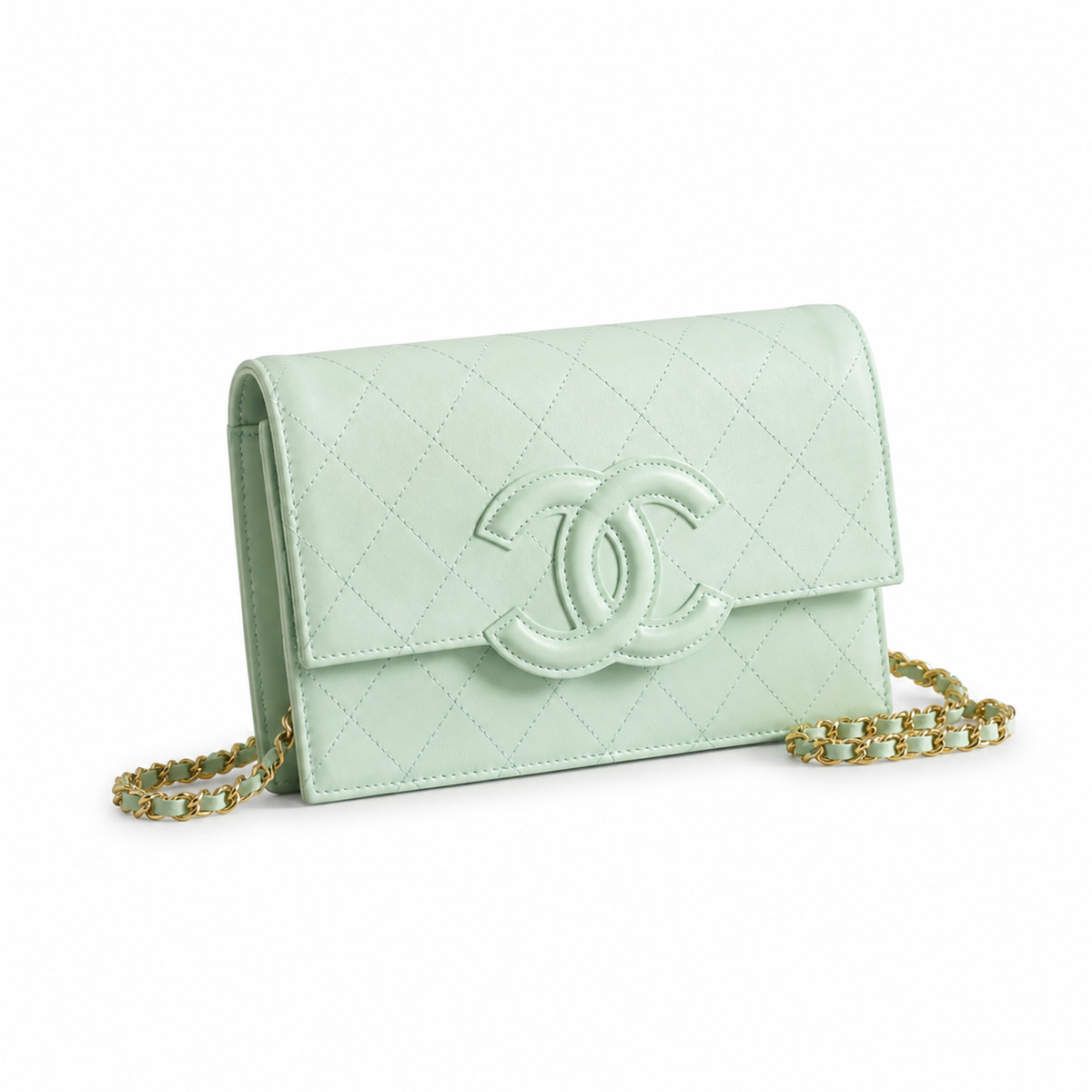 Chanel CC Filigree Wallet on Chain WOC Mint Green Quilted Leather Gold Chain Crossbody 19cm