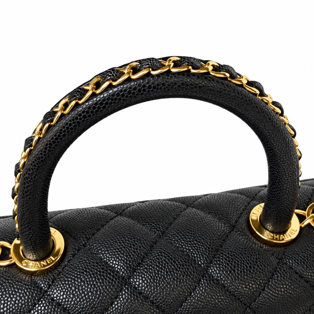 Chanel Black Caviar Quilted Top Handle Crossbody Bag Polished Gold Hardware CHANEL-Engraved Ring CC Lobster Clasp 23cm