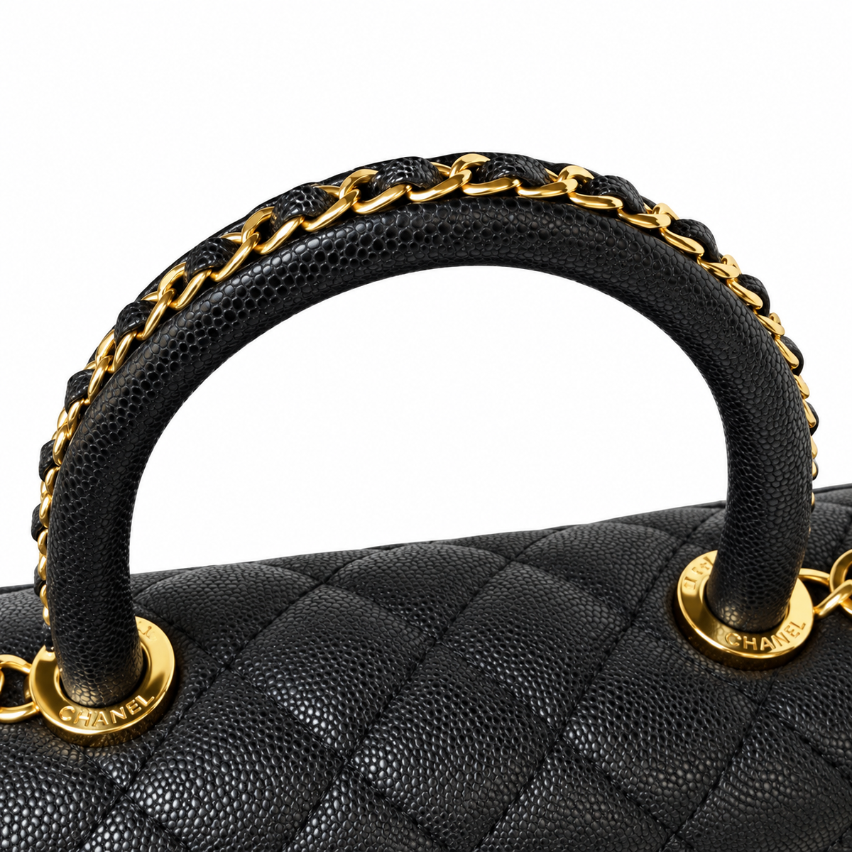 Chanel Black Caviar Quilted Top Handle Crossbody Bag Polished Gold Hardware CHANEL-Engraved Ring CC Lobster Clasp 23cm