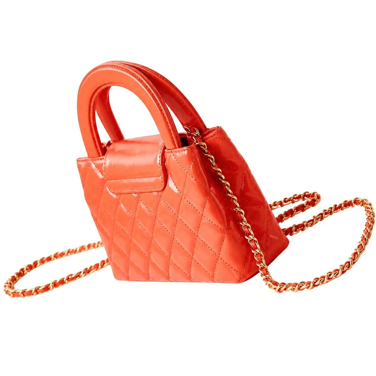Chanel Coral Red Quilted Lambskin Mini Coco Handle Bag Gold Chain Made in Italy