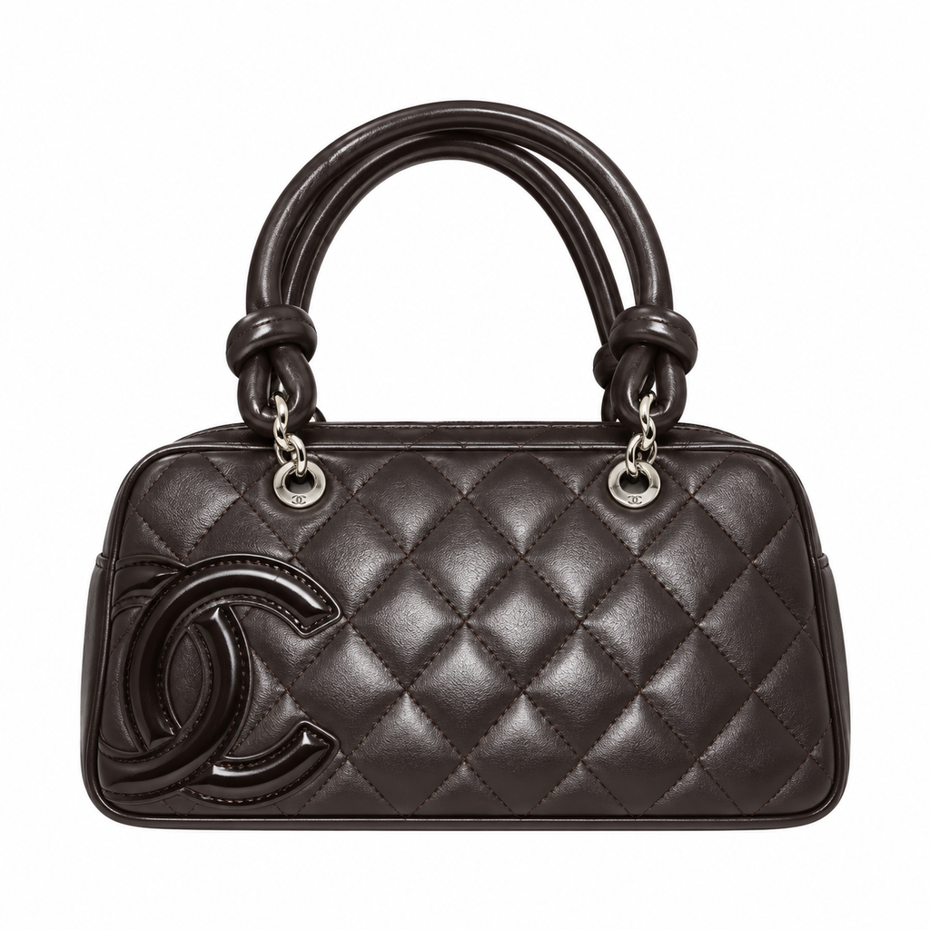 Chanel Cambon Mini Bowler Bag | Dark Brown Quilted Lambskin CC Logo Silver Hardware Orange Lining | 21cm