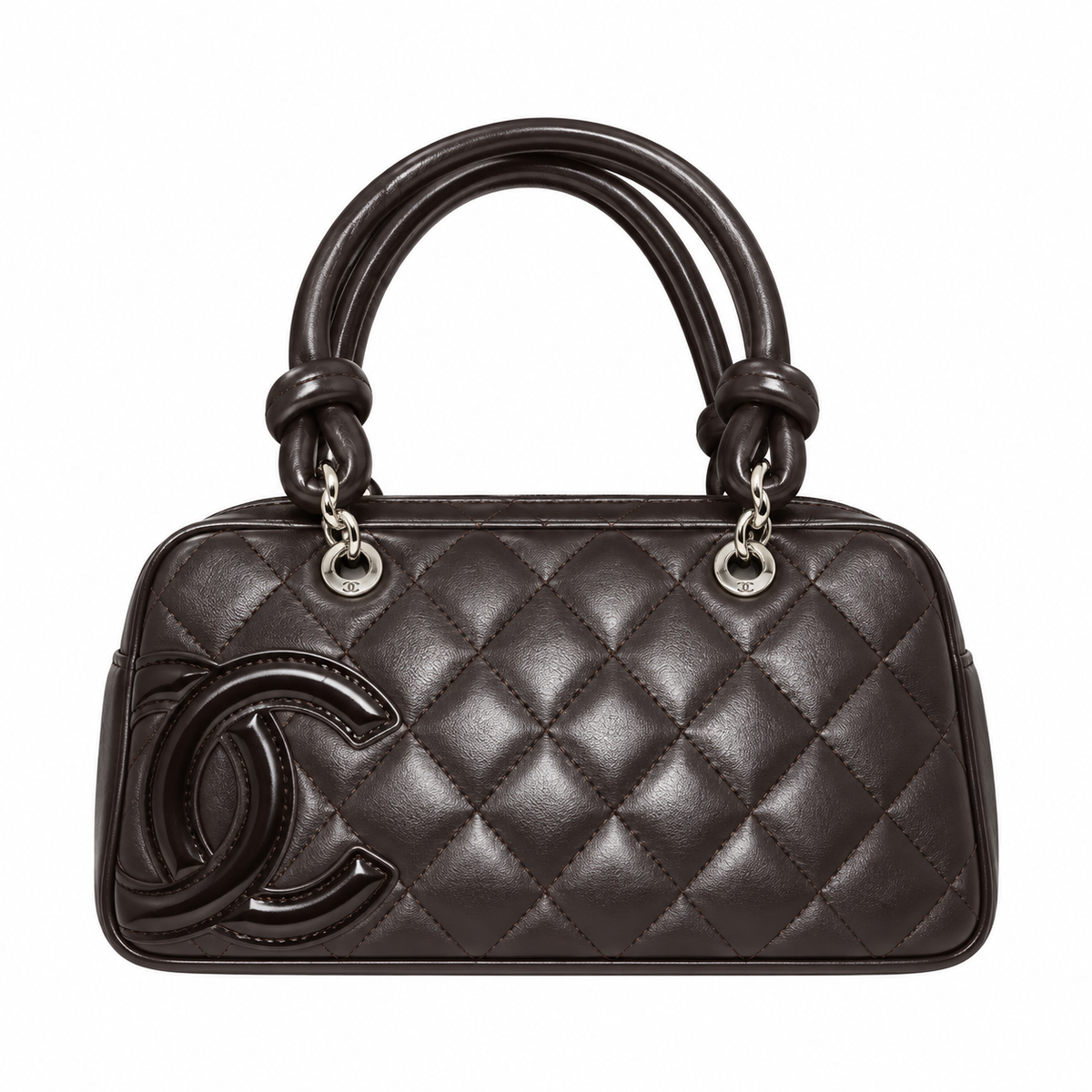 Chanel Cambon Mini Bowler Bag | Dark Brown Quilted Lambskin CC Logo Silver Hardware Orange Lining | 21cm