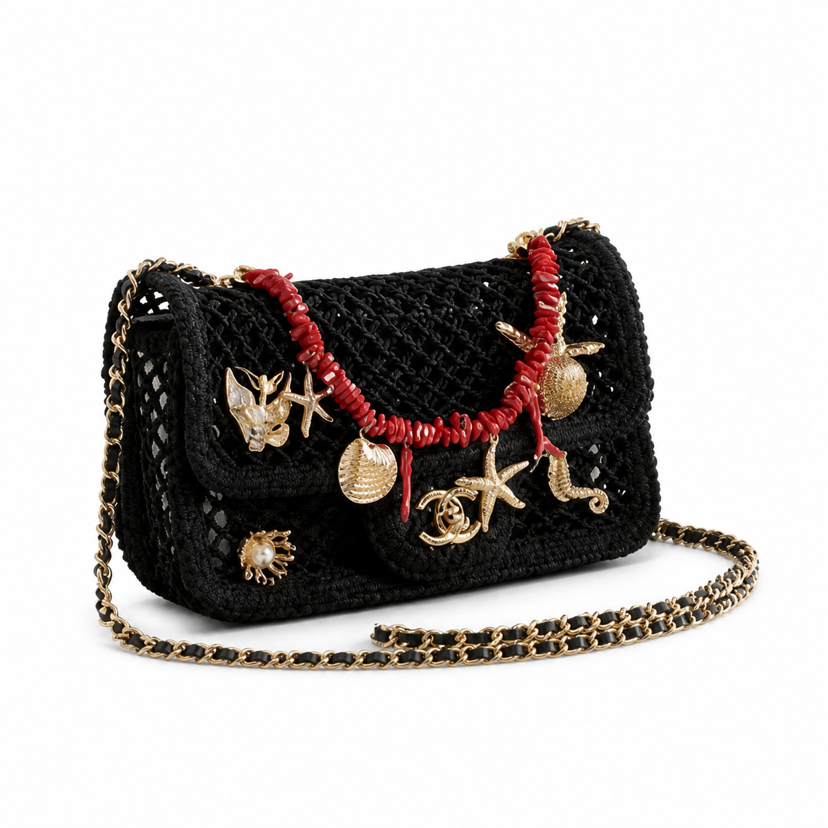 Chanel Black Mesh Flap Bag Gold Sea Creature Charms Red Coral Chain Cruise