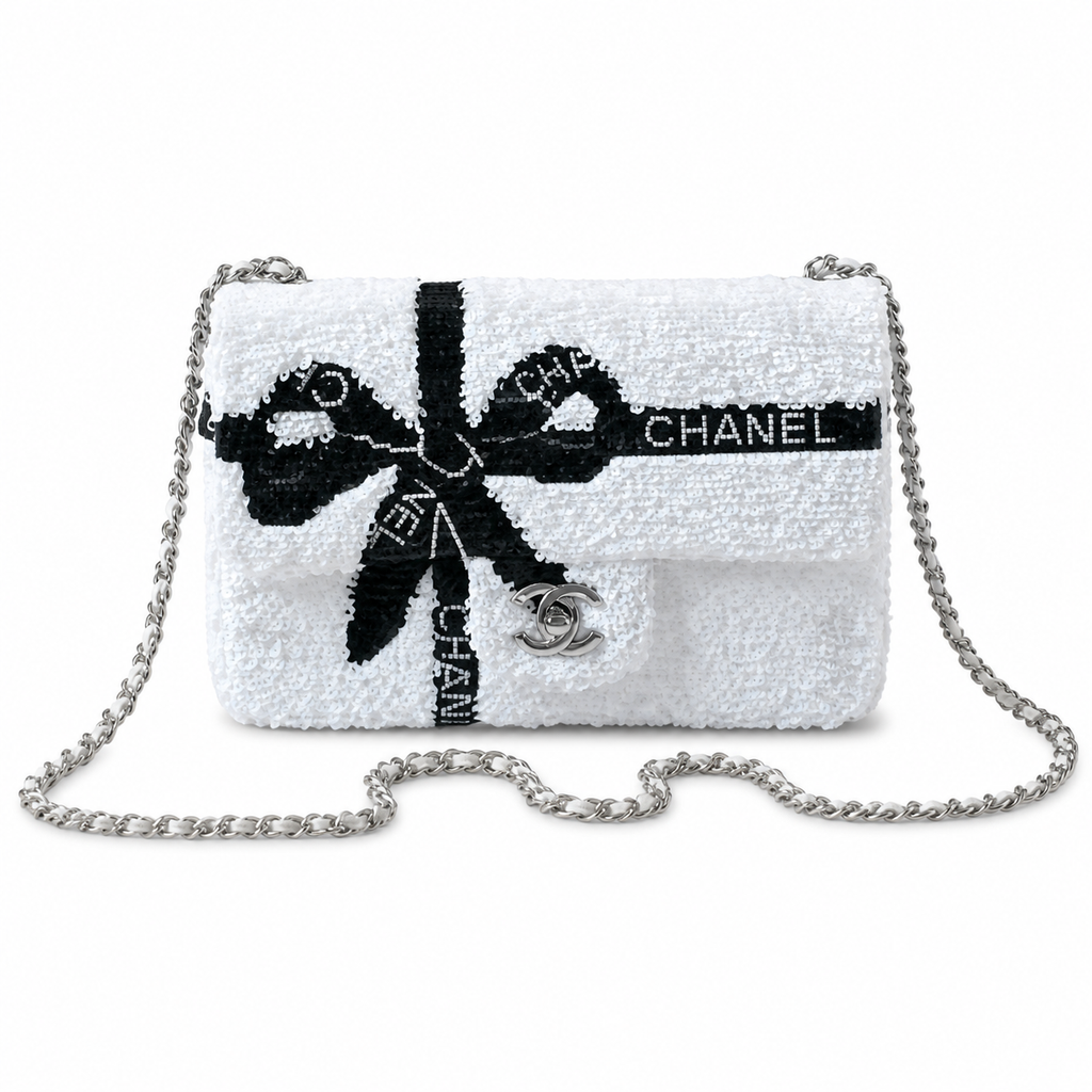 Chanel White Sequin Black Bow Embroidered Flap Bag Silver Chain