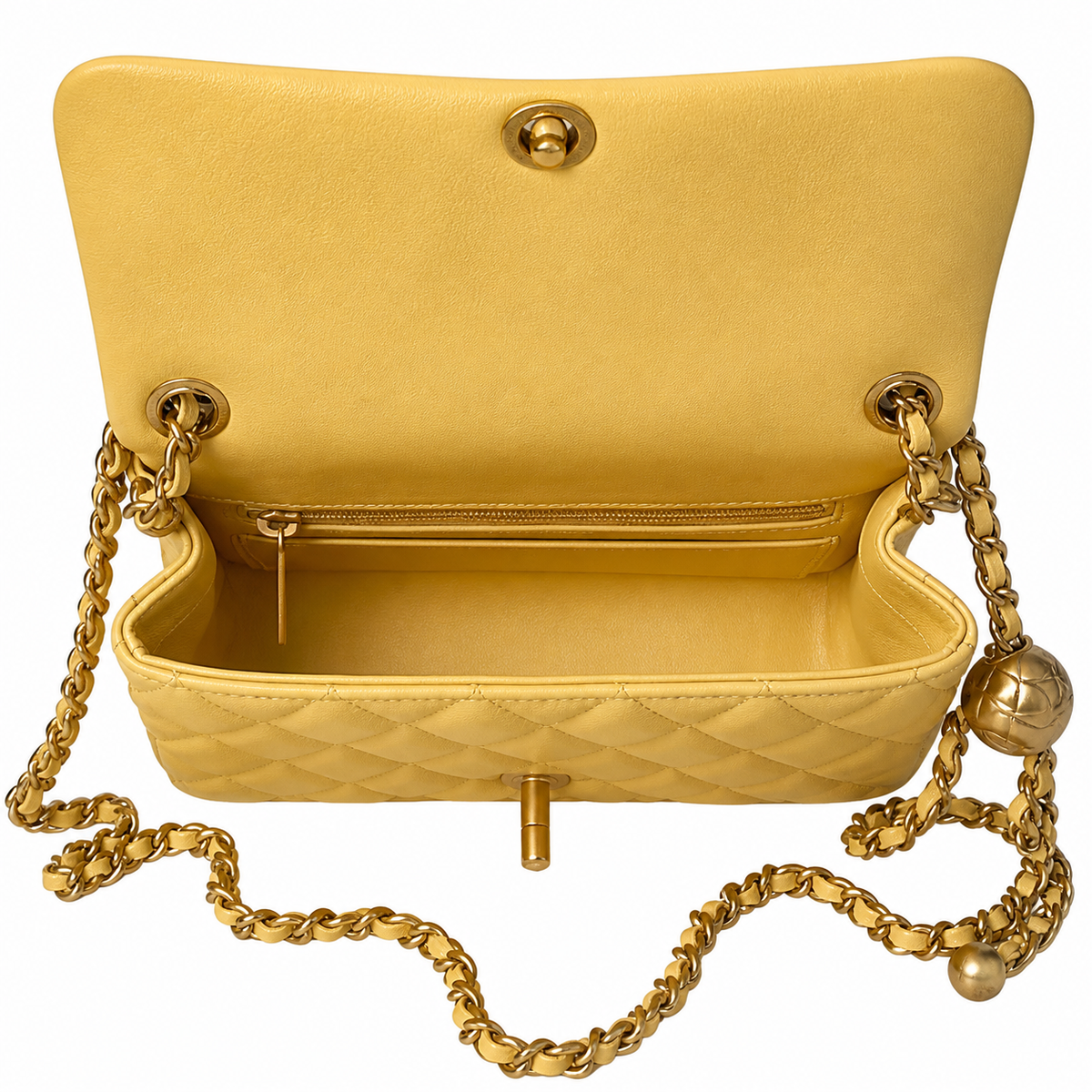 Chanel Pearl Crush Mini Flap Bag Butter Yellow Lambskin Aged Gold CC Turn-Lock Ball Charm Chain 20cm