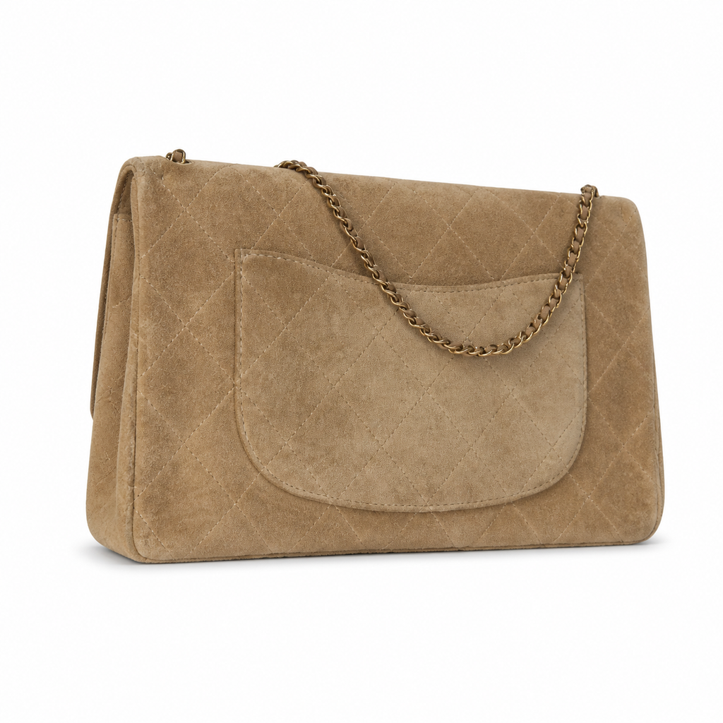 Chanel Camel Suede Quilted Jumbo Classic Flap Shoulder Bag | Gold CC Turn-Lock | Gold Chain | 39×28×12cm