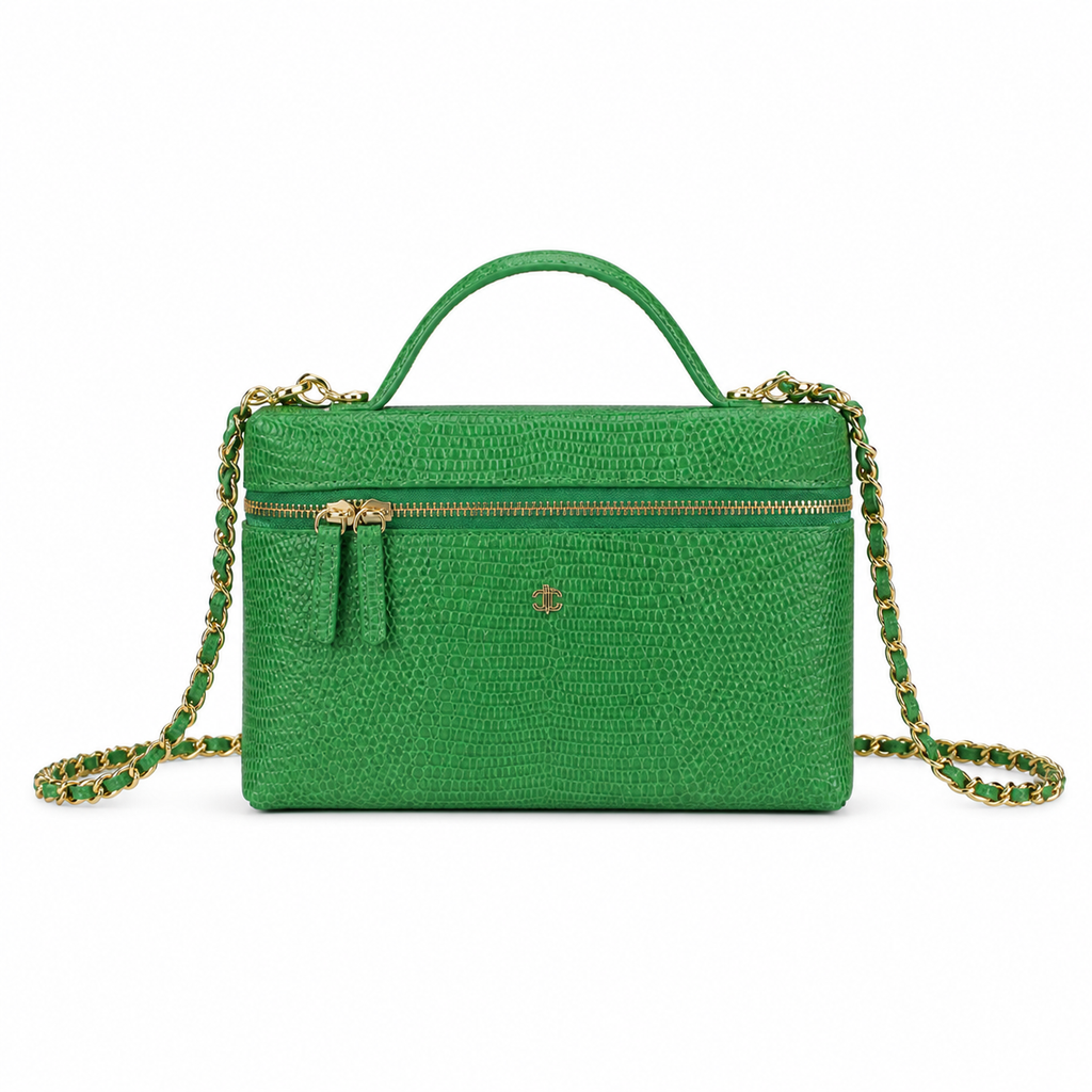 CHANEL Emerald Green Lizard-Embossed Leather Vanity Case Top Handle Chain Bag