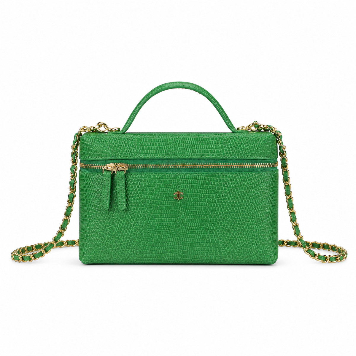 CHANEL Emerald Green Lizard-Embossed Leather Vanity Case Top Handle Chain Bag