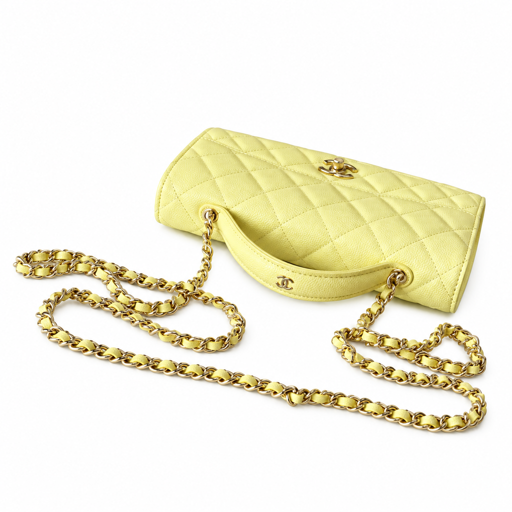 Chanel Classic Flap Mini Rectangle Lemon Yellow Caviar Leather Aged Gold CC Hardware 18.5cm